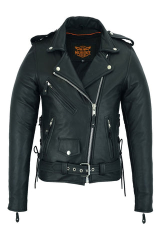 Women's Classic Naked Leather Motorcycle Jacket With Gun Pockets Side Laces