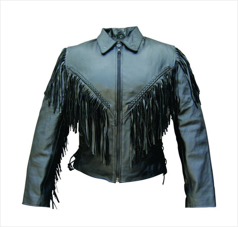 Women's Black Leather Motorcycle Jacket with Fringe Braid and Laces