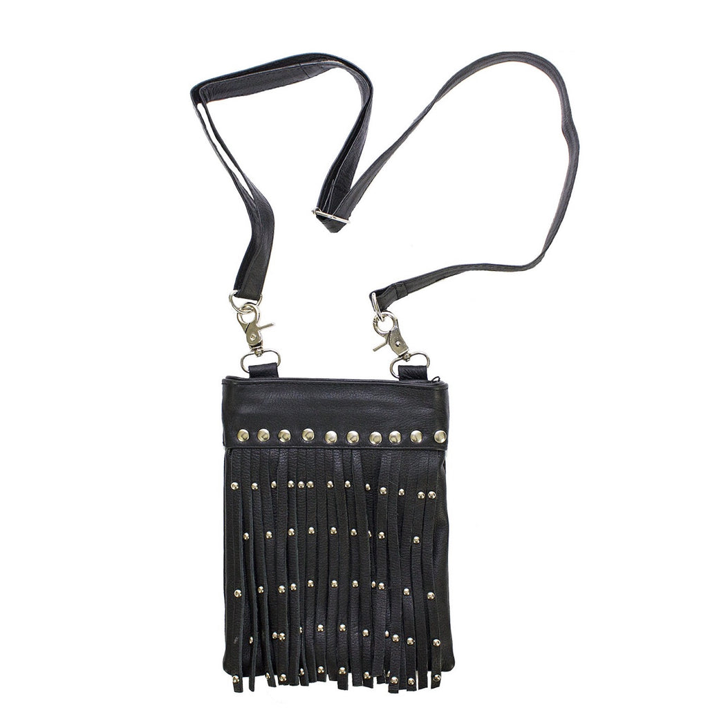 Women's Black Naked Leather Belt Bag with Studs and Fringe 8.5" x 6.5"