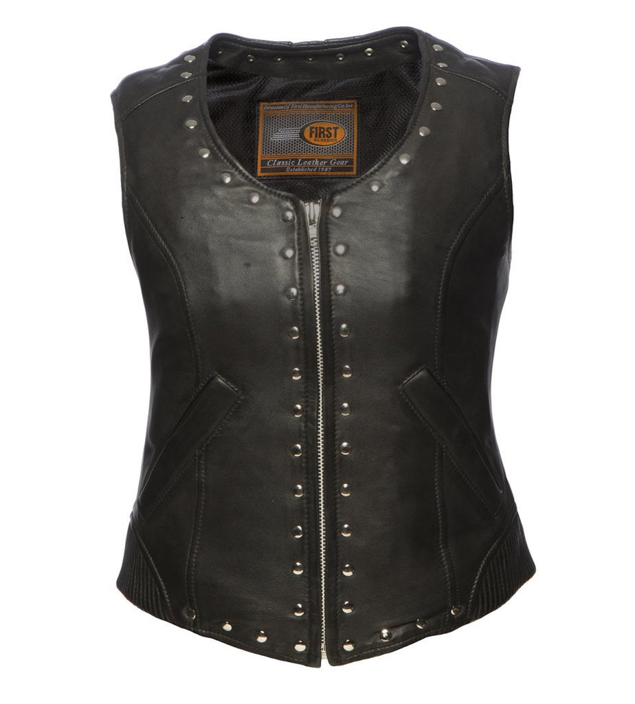 Women's Black Sheepskin Leather Motorcycle Vest With Rivet And Corset Back Detailing