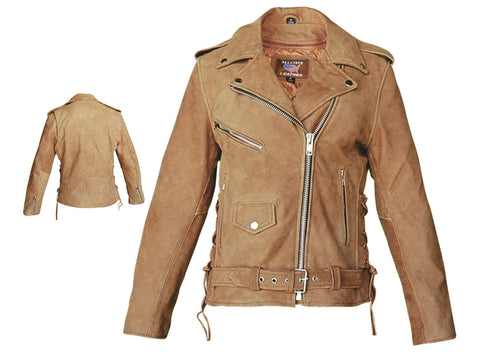 Women's Brown Leather Deluxe Motorcycle Jacket with Side Laces