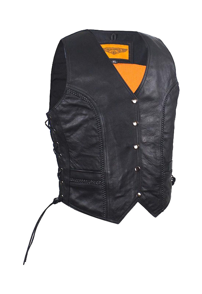 Women's Longer Cut Black Naked Leather Motorcycle Vest With Braid on Front and Back Side Laces