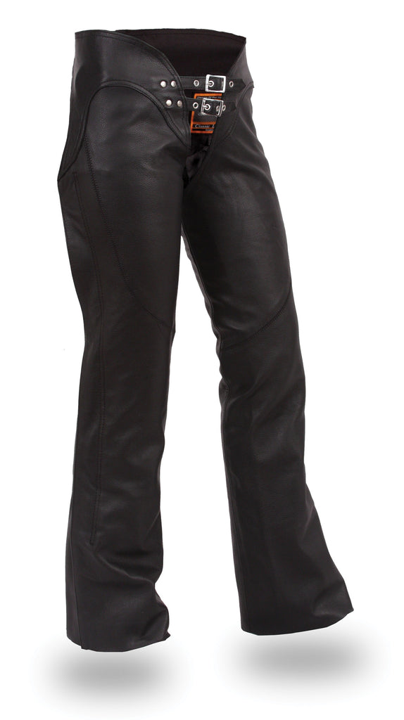 Women's Black Premium Leather Low Rise Hip Hugging Motorcycle Chaps