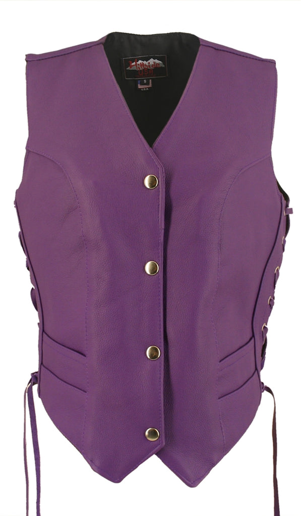 Women's Purple Made in USA Leather Motorcycle Vest Side Laces