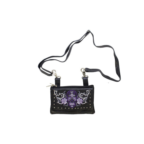 Women's Studded Purple Sugar Skull Naked Cowhide Leather Belt Bag 8.5" x 5.5"