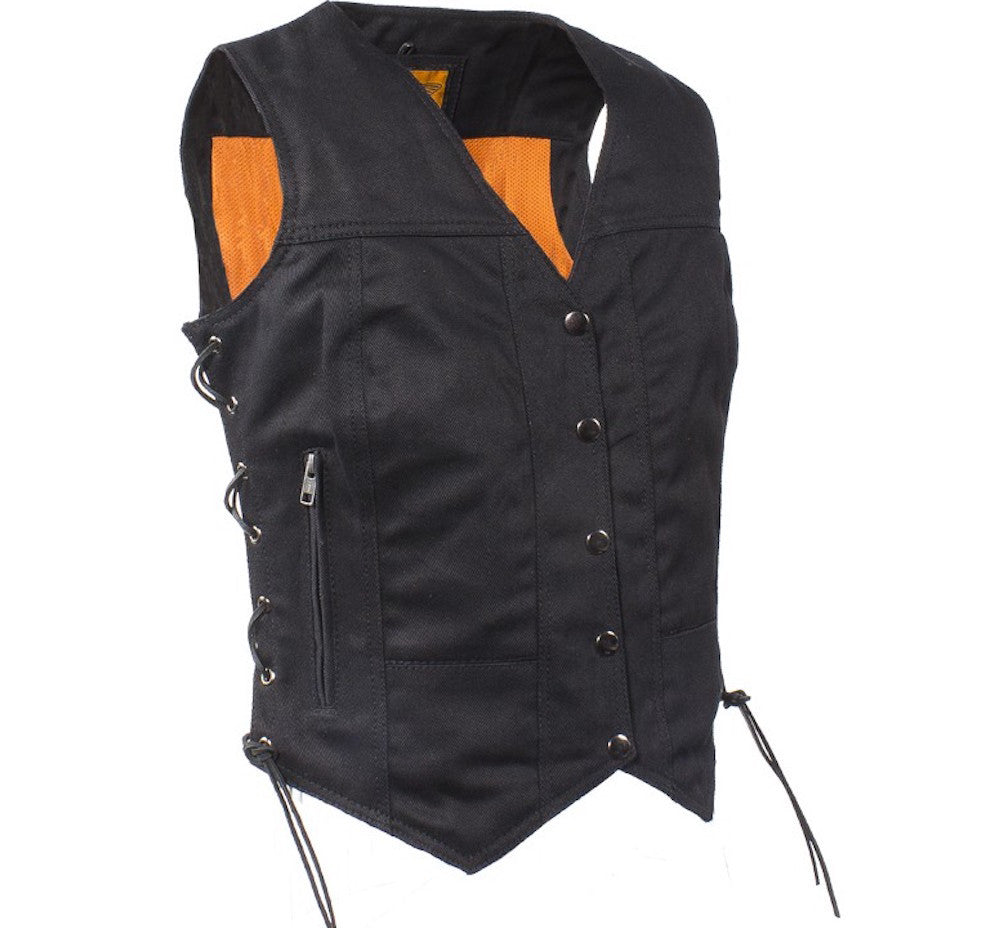 Womens Black Denim Motorcycle Vest With Side Laces Gun Pockets
