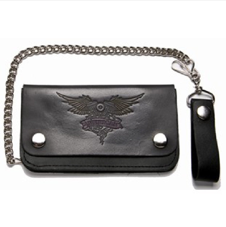 Black Leather Bifold Wallet With V Twin Motorcycle Engine and Wings
